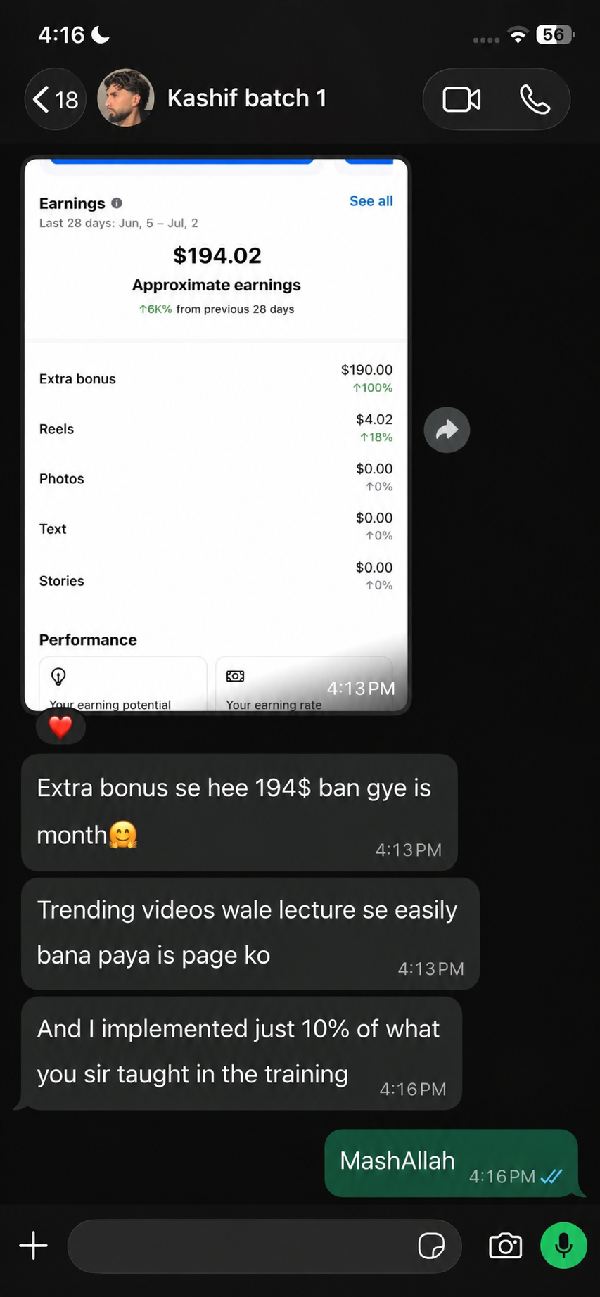 Student WhatsApp message showing $194 earned from Facebook bonus program