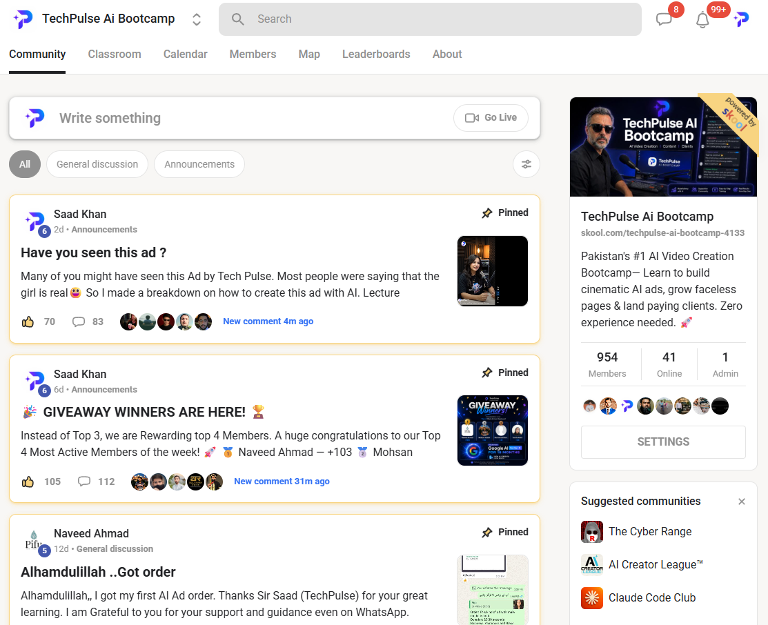 TechPulse AI Bootcamp Skool community with 954 members
